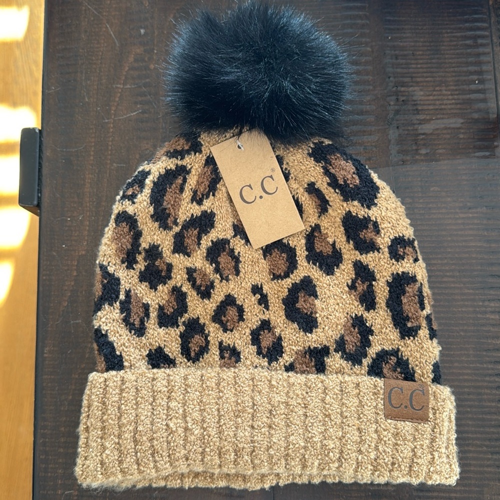 C.C Leopard Print Winter Beanie Hat with Pom, brand new NWT Women’s CC C.C.